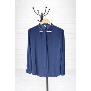 Yidarton Navy Blue Long Sleeve V-Neck Neck Tie Blouse Large